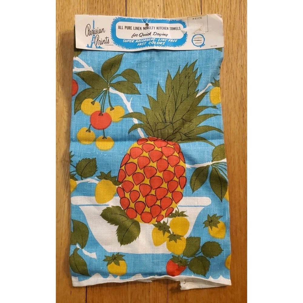 Vintage 1960s Parisian Prints Linen Fruit Print Tea Towel Pineapple Strawberry